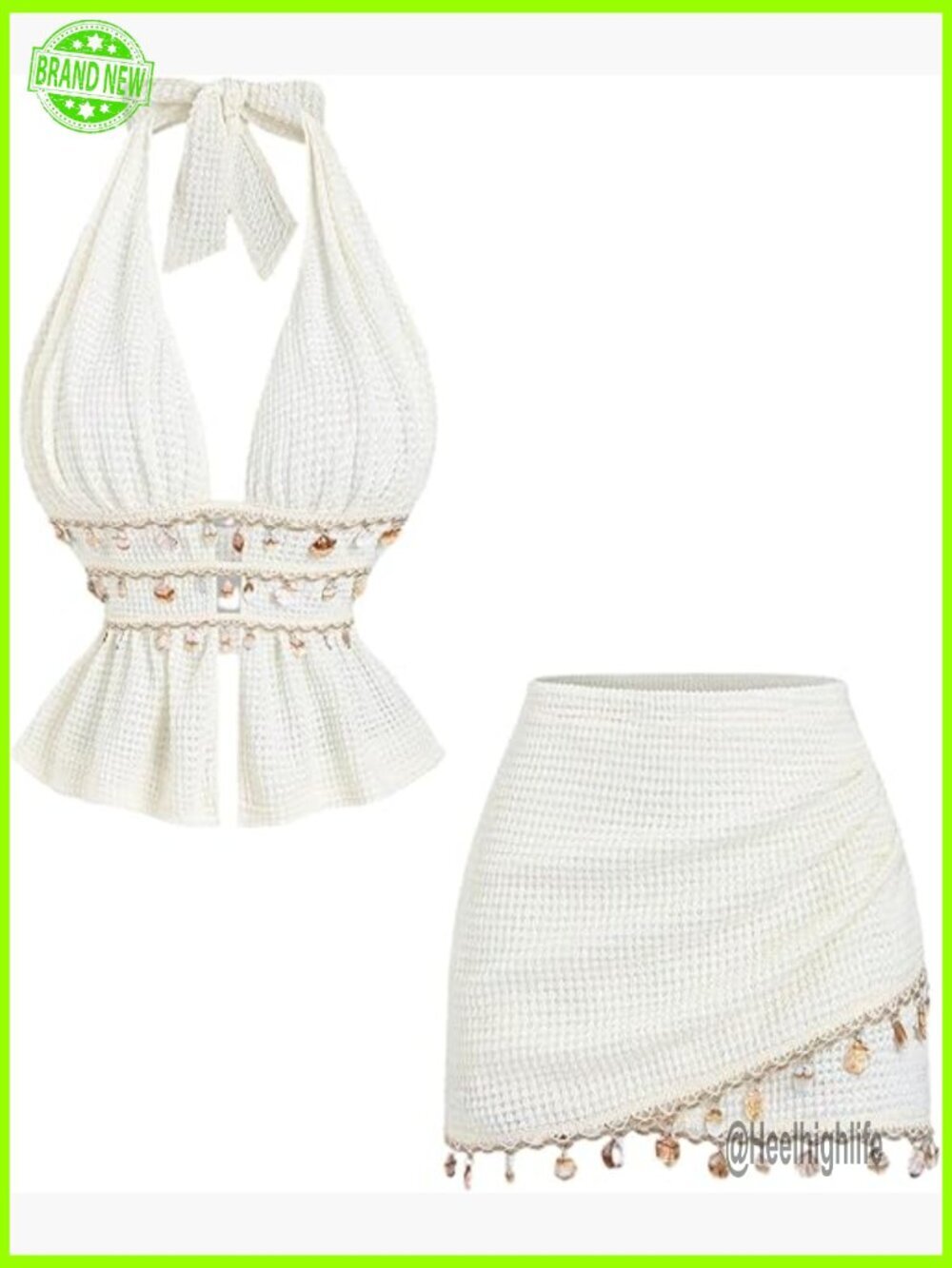 2 Piece Skirt Set Halter Crop Top Fringe Seashell Crochet Beach Outfit